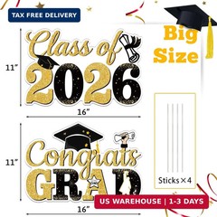Graduation Yard Signs Class of 2026, 2 PCS Black and Gold 2026 Graduation Decora
