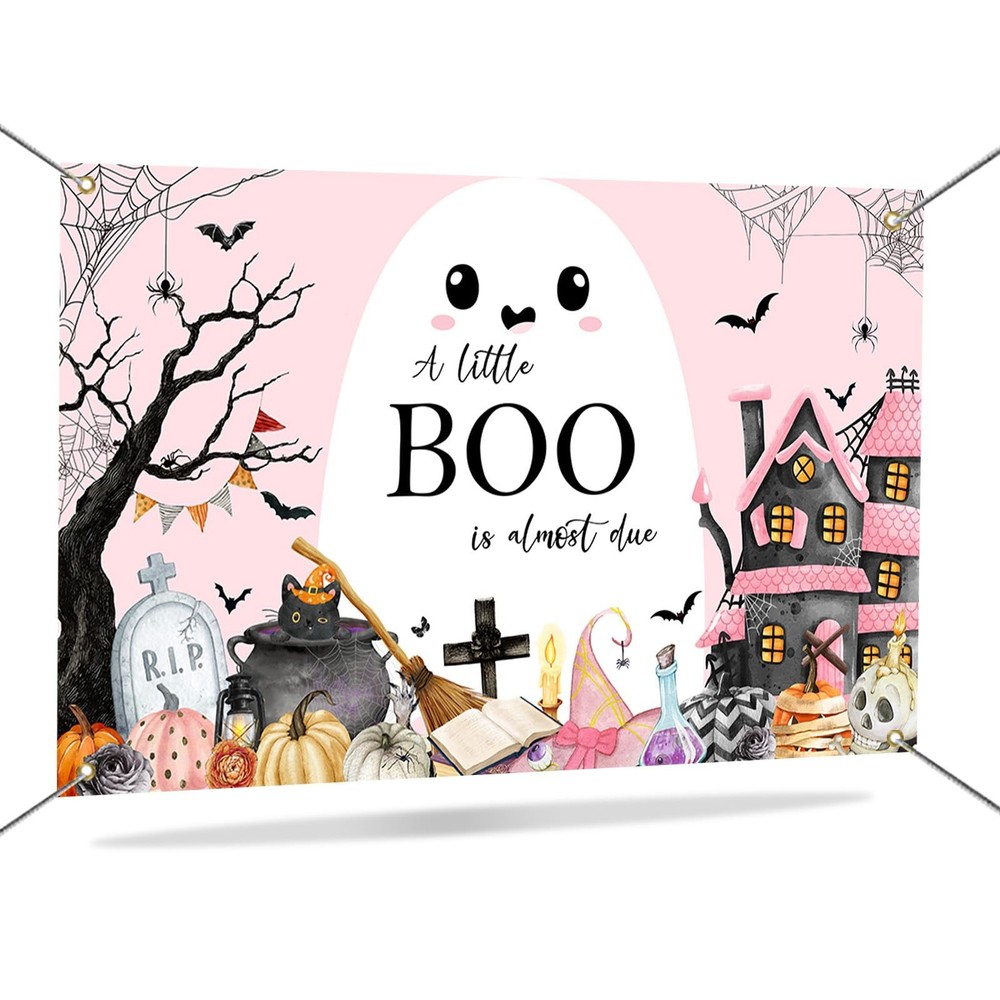 Mocsicka Little Boo Halloween Baby Shower Backdrop Banner Pink Black 70.8×43.3in