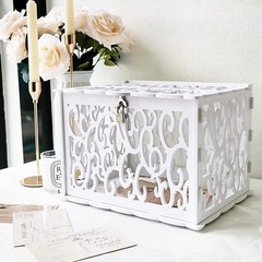 PVC Hollow Wedding Envelope Box with Lock and Card Sign, Secure Money Box