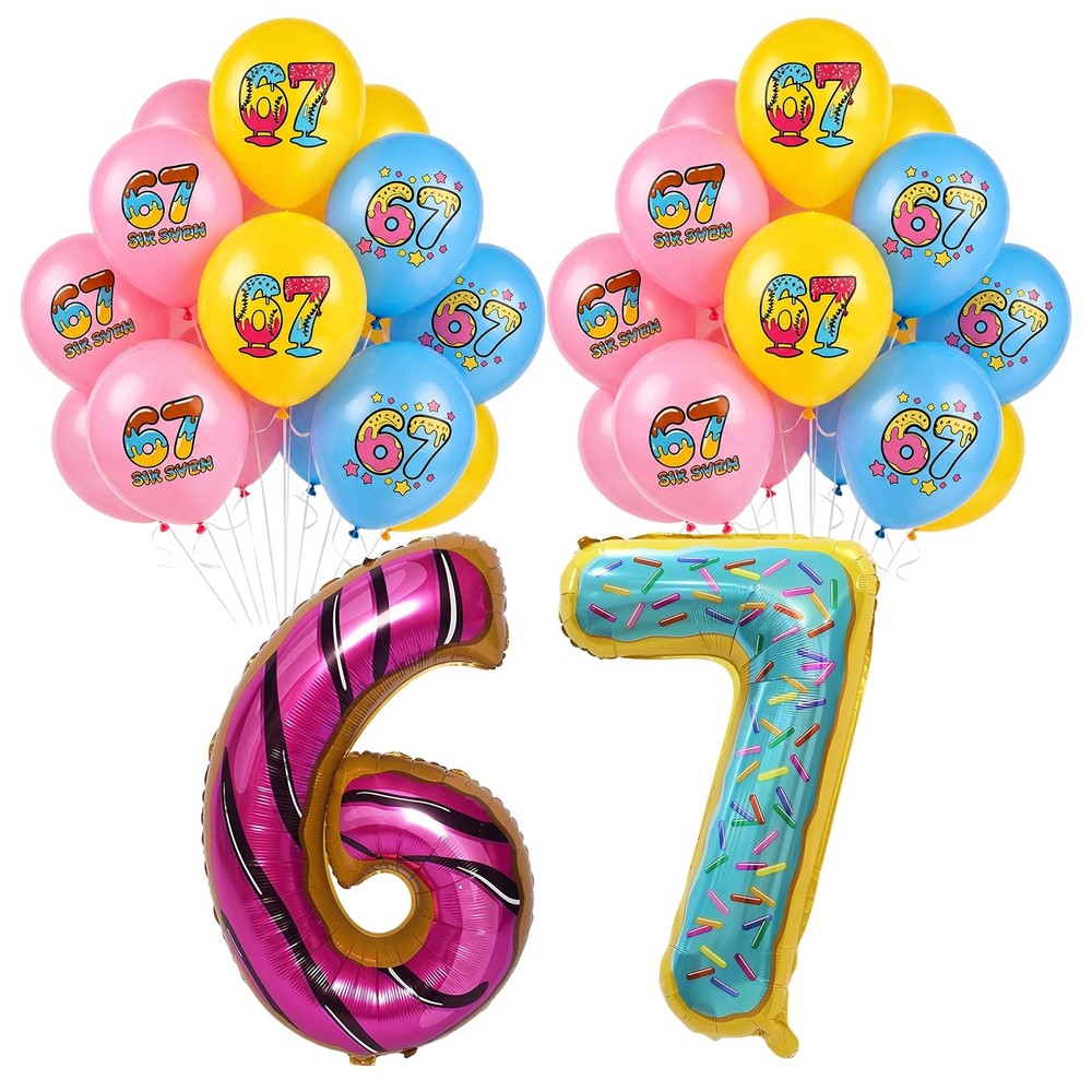 67 Donut Balloons Set, 32 Inch Number 6 7 Foil Balloon with 30 PCS Colorful L…