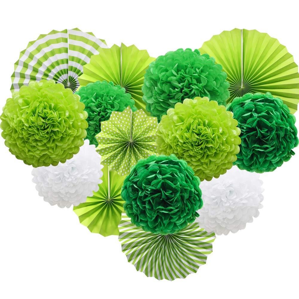 GREEN HANGING PAPER PARTY DECORATIONS ROUND PAPER FANS SET PAPER POM POMS FLOWER