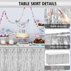 2 Pack 29.5×108 Inch Silver Foil Tinsel Fringe Table Skirts, Disposable Table…