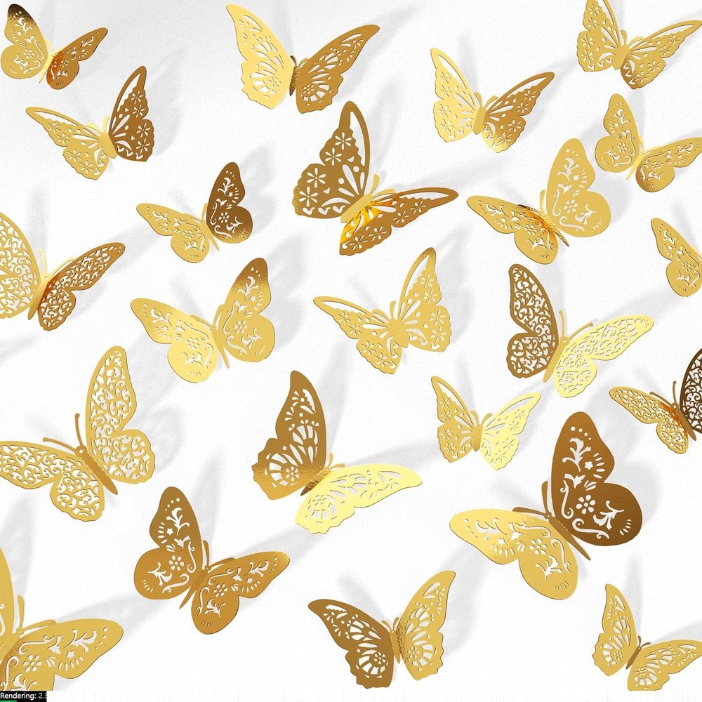 48 Pcs Gold 3D Butterfly Decorations, 4 Styles 3 Sizes, Butterfly Wall Decor, Pa