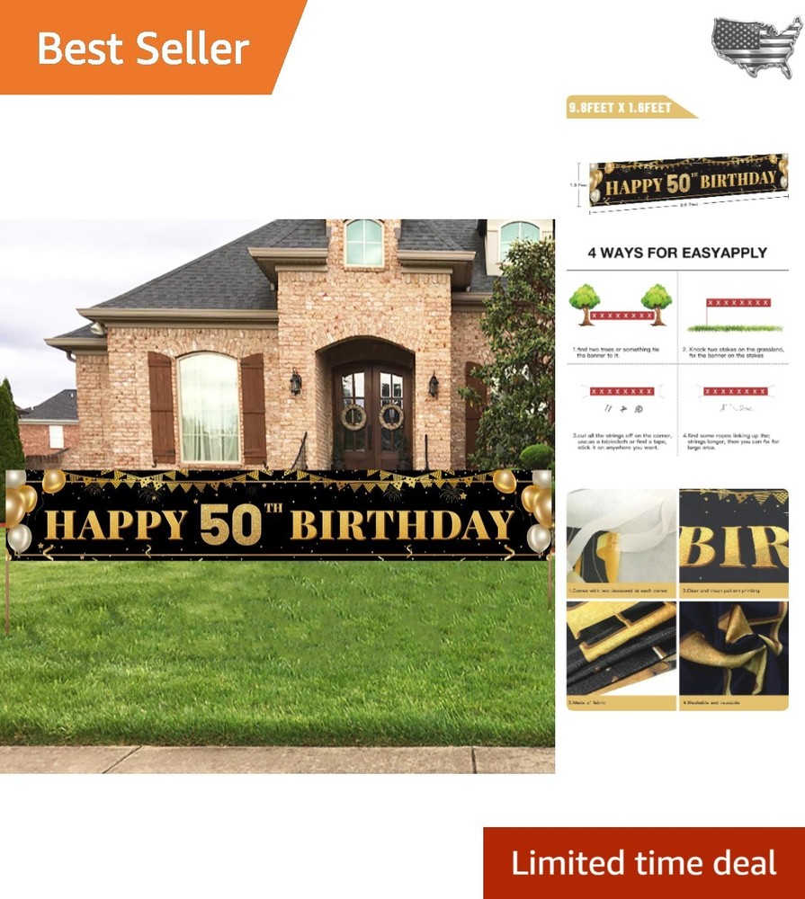 Reusable Black and Gold 50th Birthday Banner – Large Size for Stunning Parties