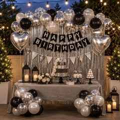 Happy Birthday Party Decorations Black Silver Balloons and Fringe Curtain Set