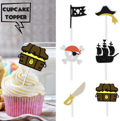 18Pcs Black Glitter Dessert Cupcake Topper Skull Ship Pirate Hat Nautical Sailin