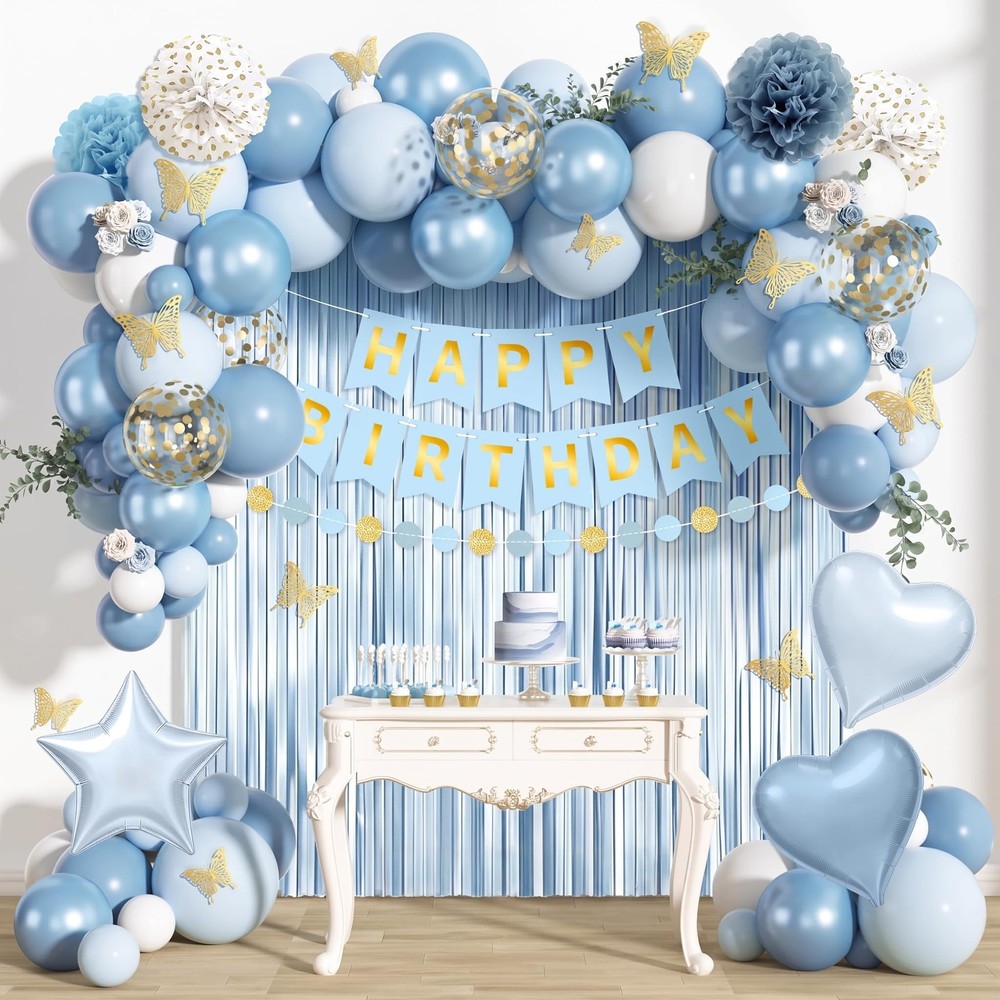 Dusty Blue Party Decorations, Light Blue White Gold Confetti Foil Balloons Ha…