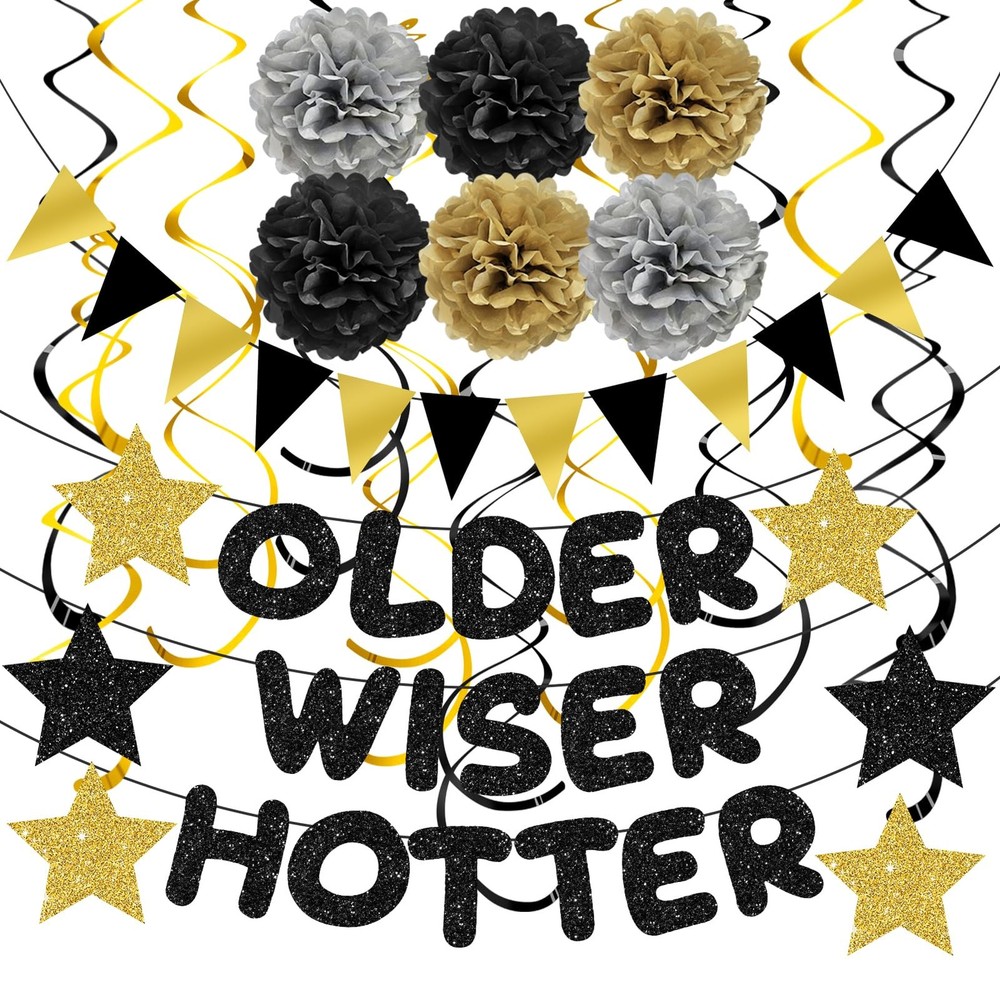 Older Wiser Hotter Triangle Flag Birthday Banner Decorations Kit- Black Gold …
