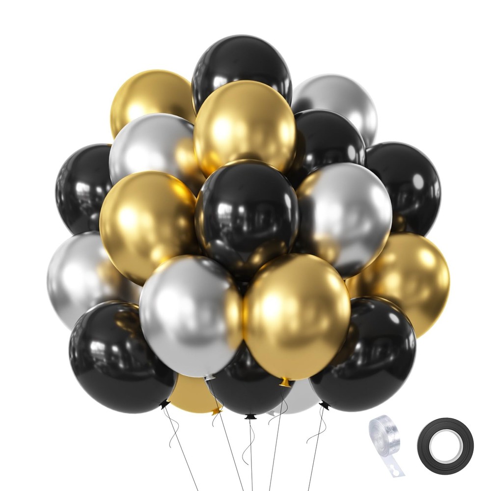 Black Gold Silver Balloons Set, 60 Pcs 12 Inch Metallic Chrome Gold Silver Ba…