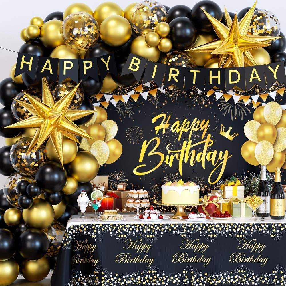 Black and Gold Birthday Decorations for Men Women, 71pcs Black and Gold Party…