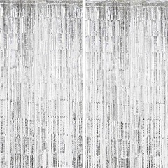 2 Pcs Metallic Tinsel Foil Fringe Curtain Streamer 3.3×8.2 ft Silver