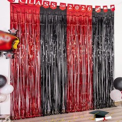Graduation Party Decoration, 2 Pack Red and Black 3.3×6.6 ft Foil Fringe Curt…