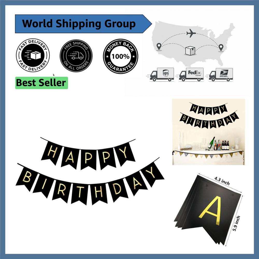 Reusable Black Birthday Banner with Shiny Gold Letters for Stylish Celebrations