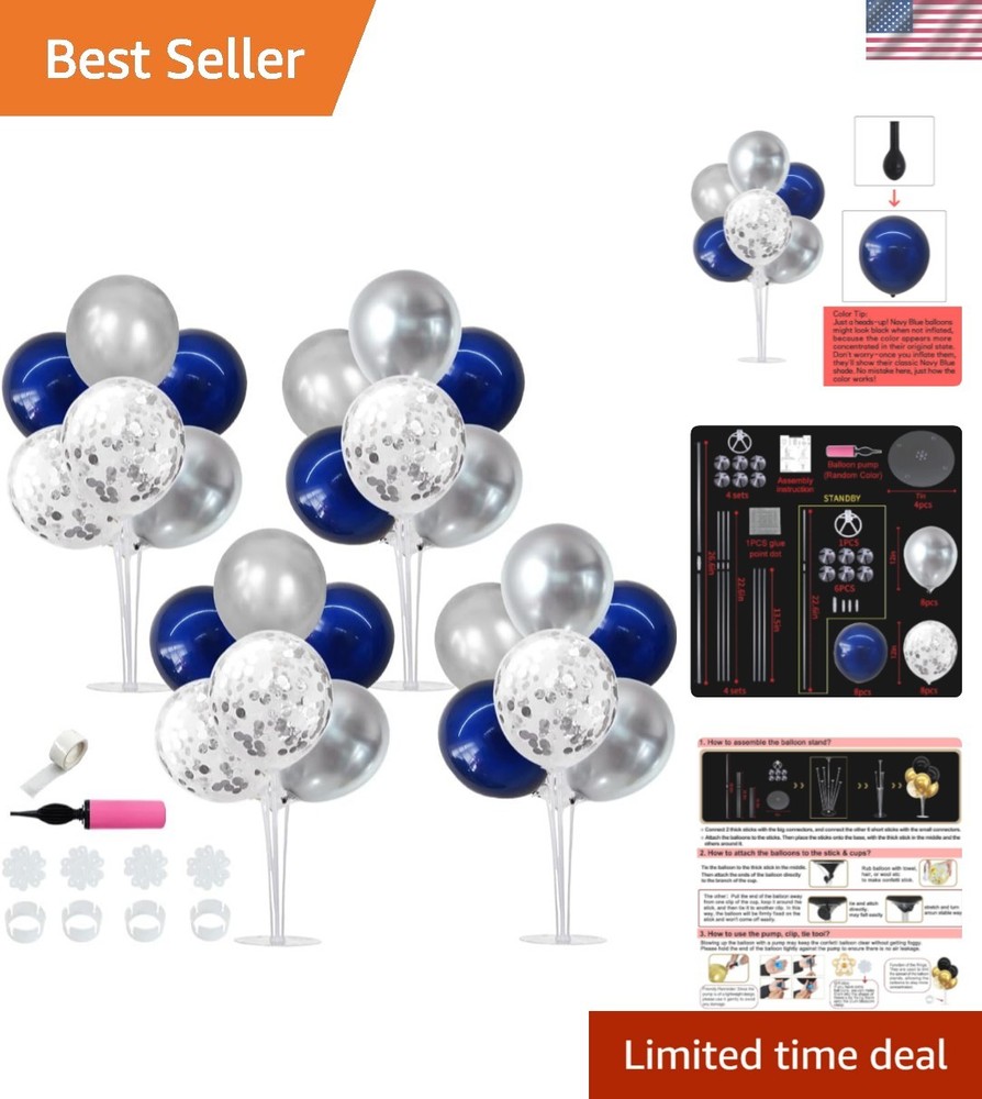 4 Set Navy Blue Silver Balloon Centerpieces for Table,Balloon Stand Kit for G…