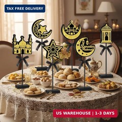 Huwena 6 Pcs Ramadan Decorations Eid Mubarak Table Decor Wooden Tall Standing Is