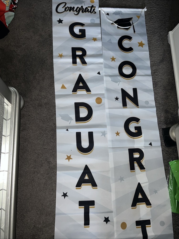 Congratulations Graduate Door Banner Hanging White Gold Black 2 piece set