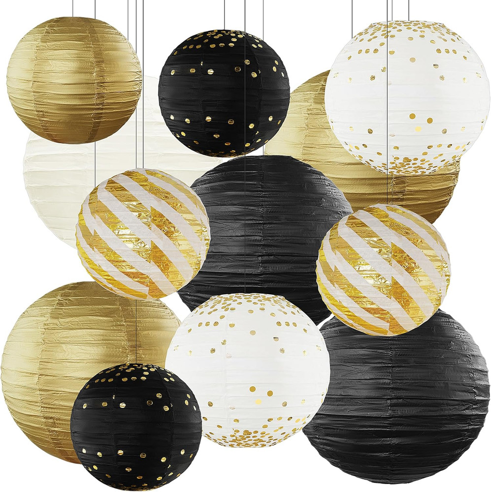 Black and Gold Hanging Paper Lanterns Decorations Graduation 2026 12Pcs Paper La