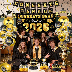 Graduation Decorations 2026-Black and Gold Graduation Party Decorations Suppl…