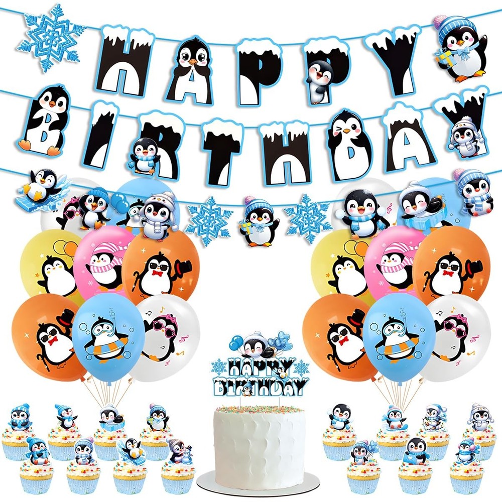 Penguin Birthday Party Decorations Include Birthday Banner Balloons Cupcake T…