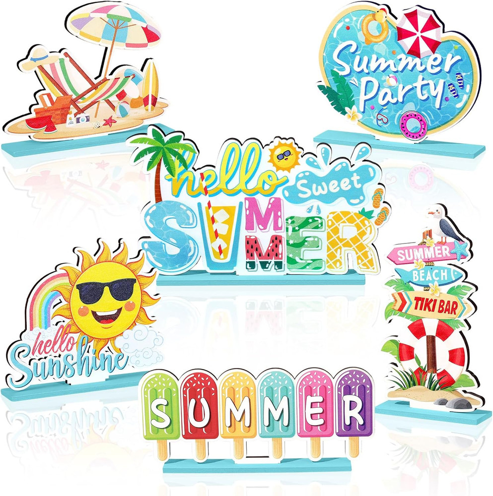 Hello Summer Decoration Ice Cream Sunshine Palm Tree Wooden Signs Indoor 6 Pcs