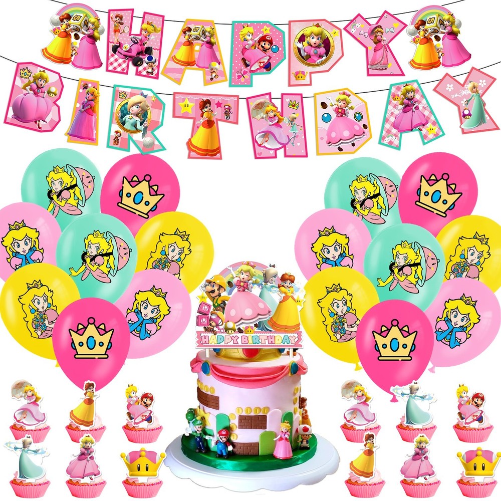Super Mario Princess Theme Birthday Party Supplies Balloon Banner Cake Toppers