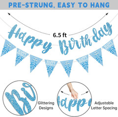 Sky Blue Silver Birthday Decorations for Boys Girls, Happy Birthday Banner for M