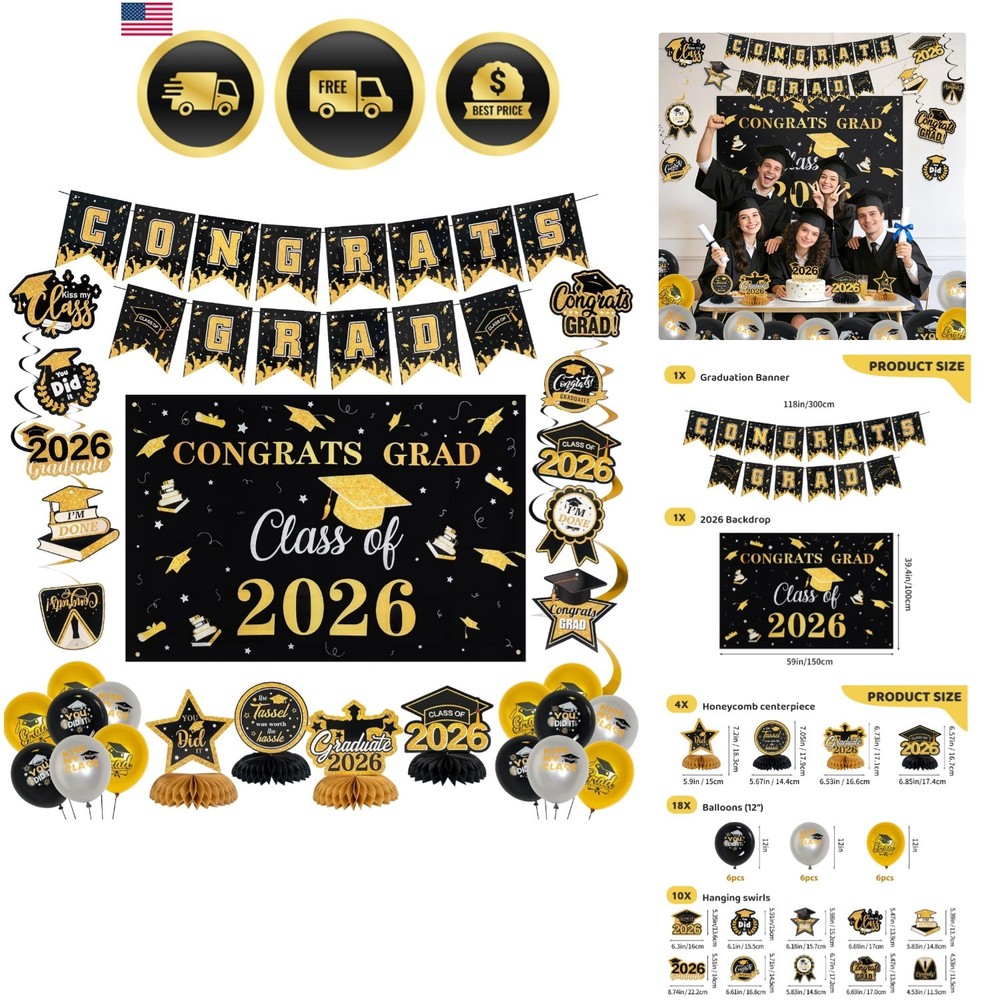 Graduation Decorations Set Class of 2026 Backdrop Congrats Grad Banner Hangin…