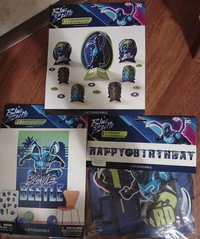 Blue Beetle DC Comics Birthday Party Backdrop+Photo Props, Table Decor, Banner