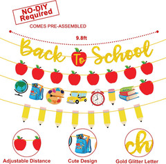 4Pcs Back to School Banner Gold Glitter Pencil Apple Garland Banners for First D