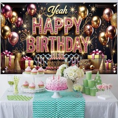 Happy Birthday Backdrop Banner for Women Girls 5.92 ft x 3.58 ft, Gold Pink