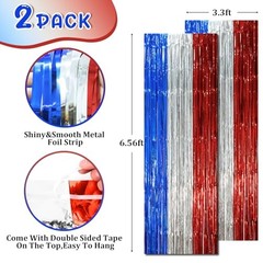 2 Pack Blue Red Silver Foil Fringe Backdrop Curtains, 49 Blue Red and Silver