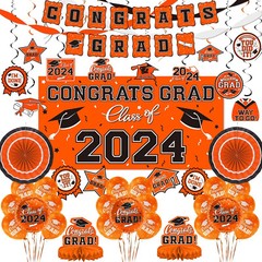 (2 Sets) Orange 2024 Graduation Decorations – Congrats Grad Banner & Party Sup..