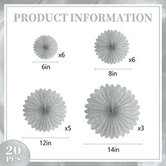 20 PCS Silver Grey Hanging Paper Fan Decorations for Wedding Birthday Party