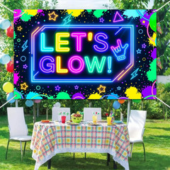 Neon Glow Banner 71X43 Inch Party Decoration Geometric Shapes Birthday Backdrop