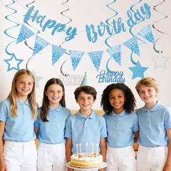 Sky Blue Silver Birthday Decorations for Boys Girls, Happy Birthday Banner for M