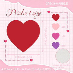 72 Pcs Large Heart Paper Cutouts 6 x 6 in, 4 Colors, Valentine’s Day Decorations