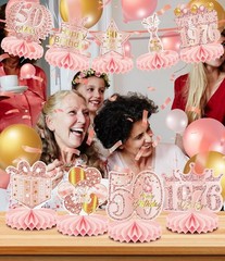 50th Birthday Celebration Set – 9 Rose Gold Pink Honeycomb Decorations for Women