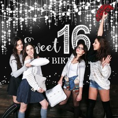 Mocsicka Sweet 16 Birthday Backdrop Glitter Silver 7x5ft,