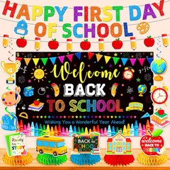 Back to School Decorations Set, NO-DIY Glitter Happy First Day of School Banner,