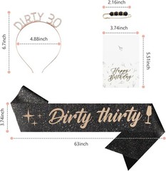 30th Birthday Decorations for Her, Dirty Thirty Sash & Headband & Pearl Black
