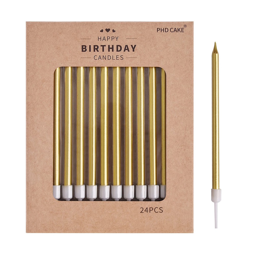 PHD CAKE Gold Long Thin Metallic Birthday Candles, Cake 24 count,