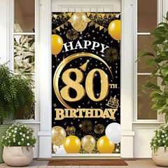 80th Birthday Decorations Door Banner – 1 Pcs Glitter Gold 80th Gold Black