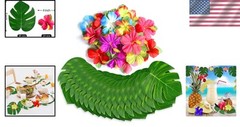 Vibrant Tropical Decorations Set – 60 Artificial Leaves & Hibiscus Flowers