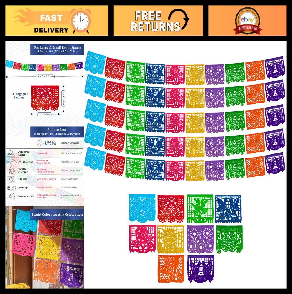 Mexican Party Banners – 5 Pack, 10 Flags Each – Papel Picado Fiesta Decor