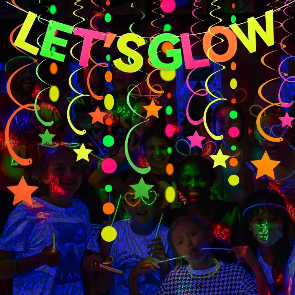 Neon Party Supplies Includes Let’S Glow Banner, round Dot Paper Garland, Neon Sw