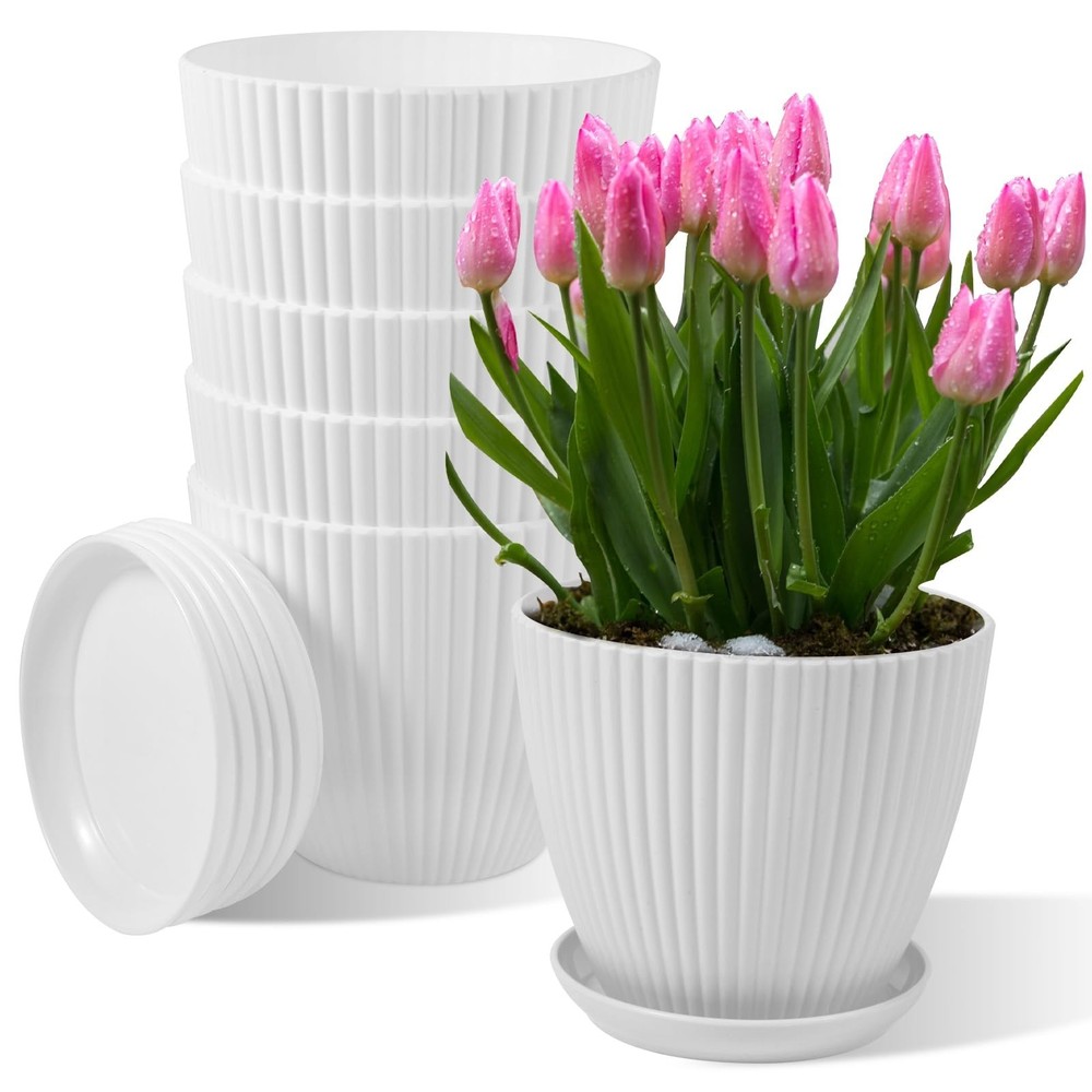 7 Inch Large Plant Pots, 6 Pack Flower Pots with Drainage Hole and Tray Sauce…