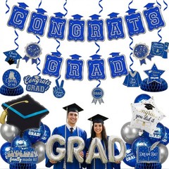 Royal Blue Silver 2026 Graduation Party Decor – Balloons, Banner, Swirls & Cente