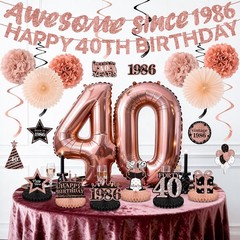 40th Birthday Decorations Kit for Women, Rose Gold Happy 40th Birthday Banner, A