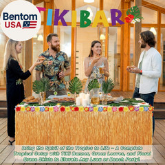 22 Pcs Tiki Bar Hut Kit with Banner 20 Realistic Palm Leaves and Gold Grass Tabl