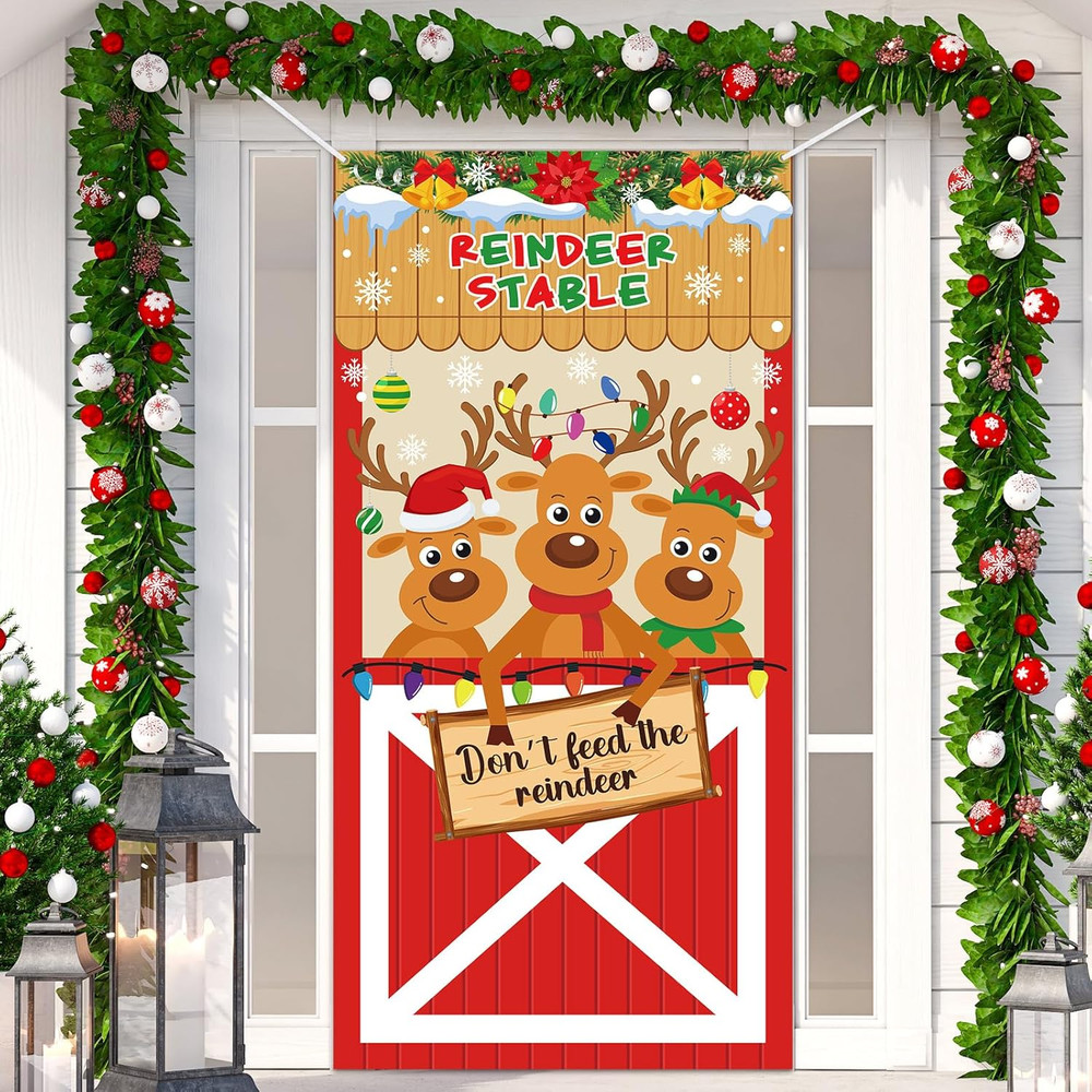 Reindeer Stable Door Cover Banner 70.9 X 35.4 Inch Christmas Holiday Door Decor